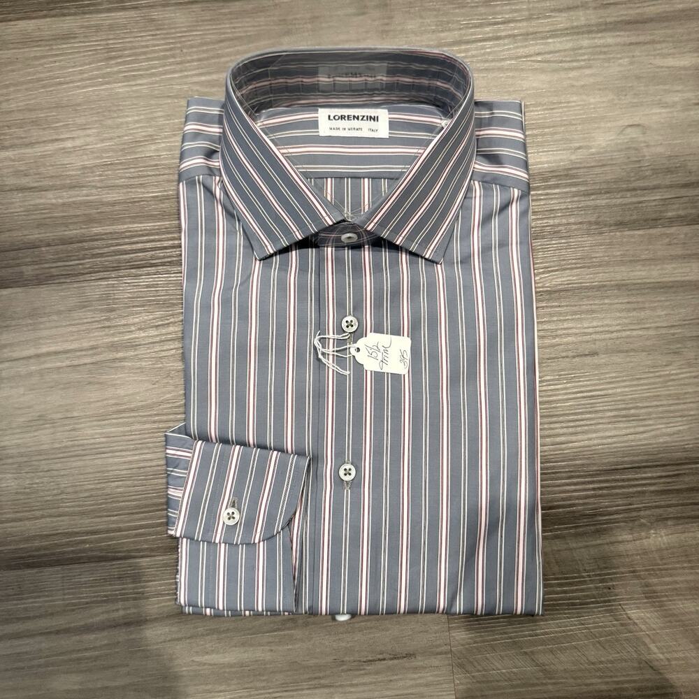 Lorenzini Italy Grey Red Pinstripe Cotton Long Sleeve Dress Shirt 15.5 39 NEW